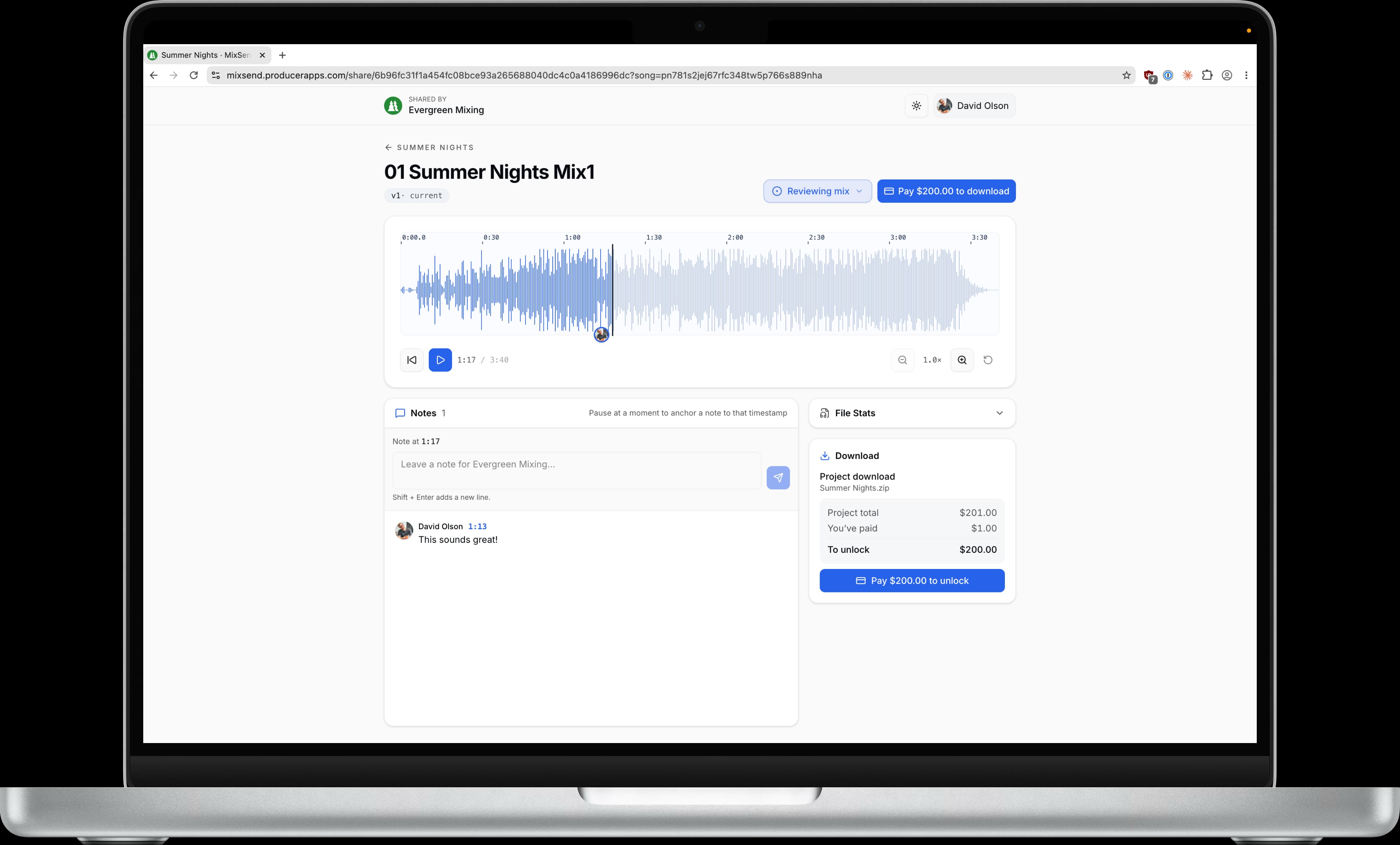 MixSend by Producer Apps on a laptop, showing a mix with a waveform, a timestamped client note and a download to unlock